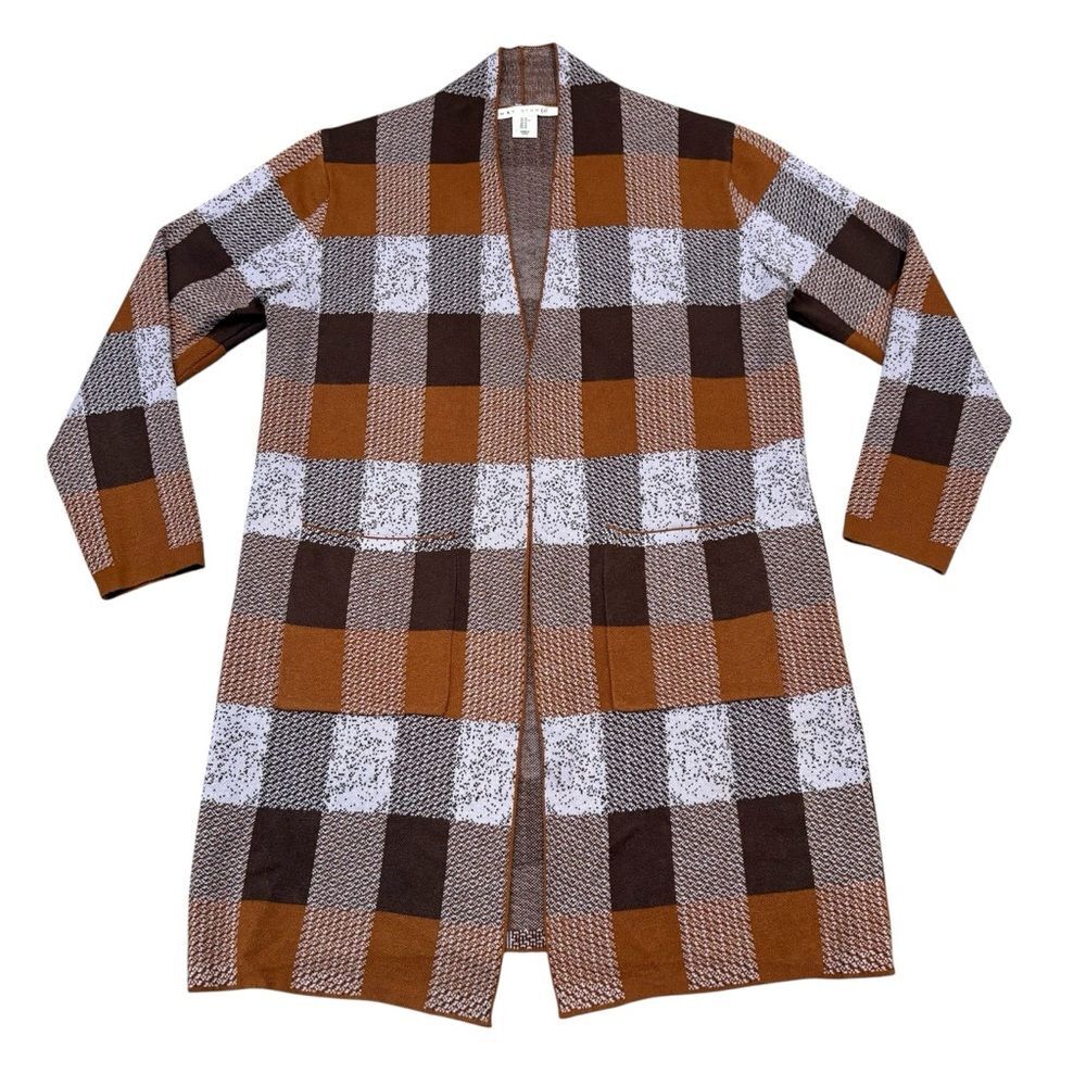 Max Studio Purple Blue & Brown Plaid Open Cardigan Size M